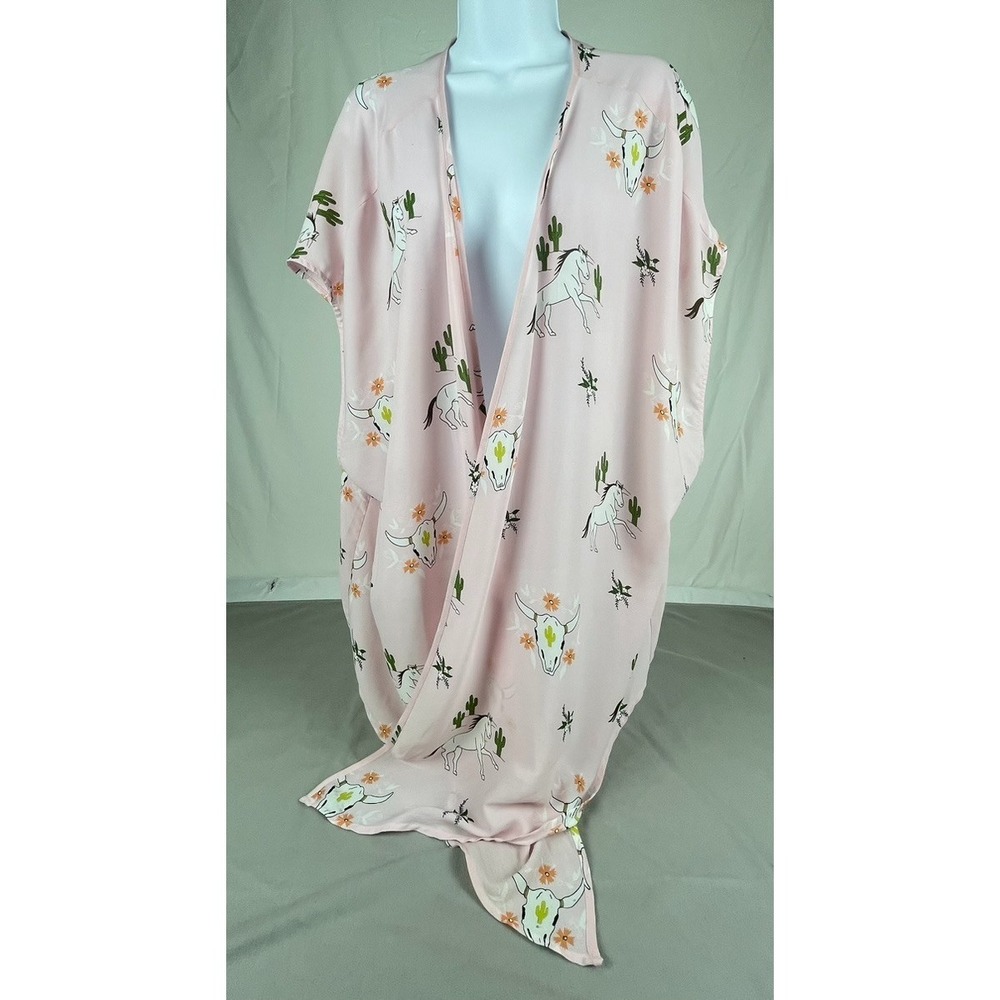 ARIAT WOMENS XL/XXL PINK WESTERN KIMONO CARDIGAN HORSE SKULL CACTUS PRINT BOHO
